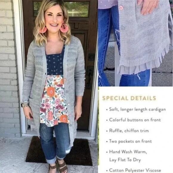 Matilda Jane Gray Stay Cozy Loose Knit Pocketed Button Cardigan Size Medium - Picture 3 of 11